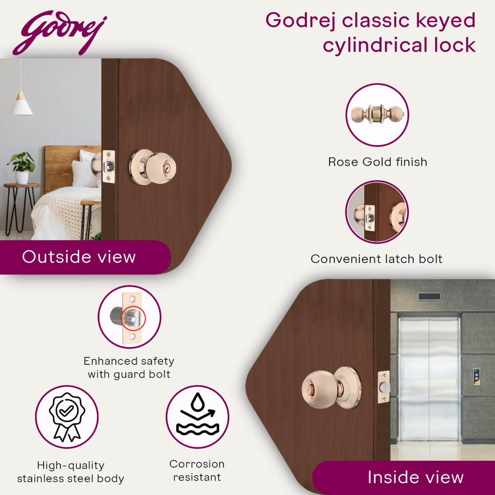Godrej Cylindrical Lock| With 3 Keys I Suitable for Bedroom Doors &Inter-Connected Doors for Commercial Space | Backset 60mm | Door Thickness 32mm to 45mm | Rose Gold Finish | 5 years warranty